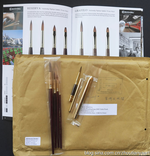 著名的西班牙ESCODA笔厂赞助给周天涯试用的貂毛水彩 